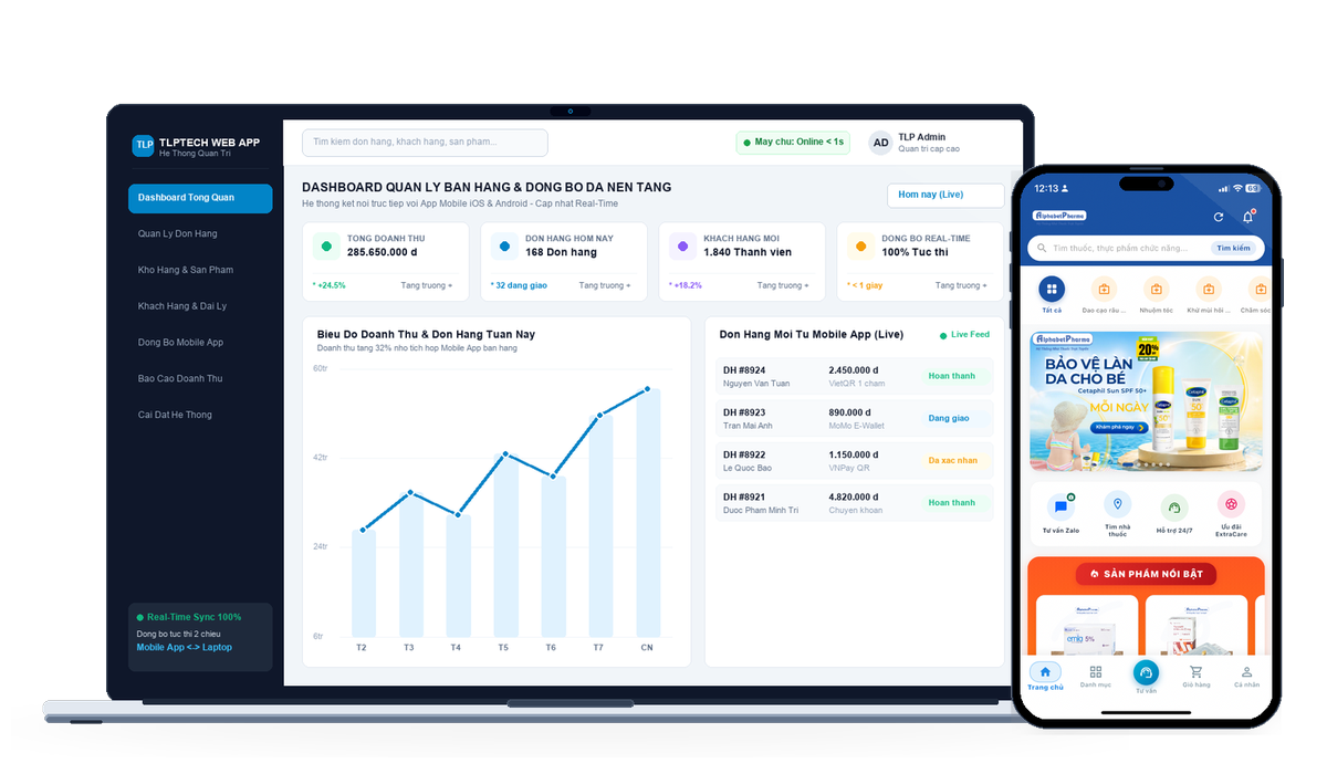 Mô phỏng đồng bộ App Mobile và Web App Laptop